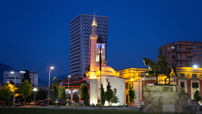 illuminated skanderbeg square at tirana albania