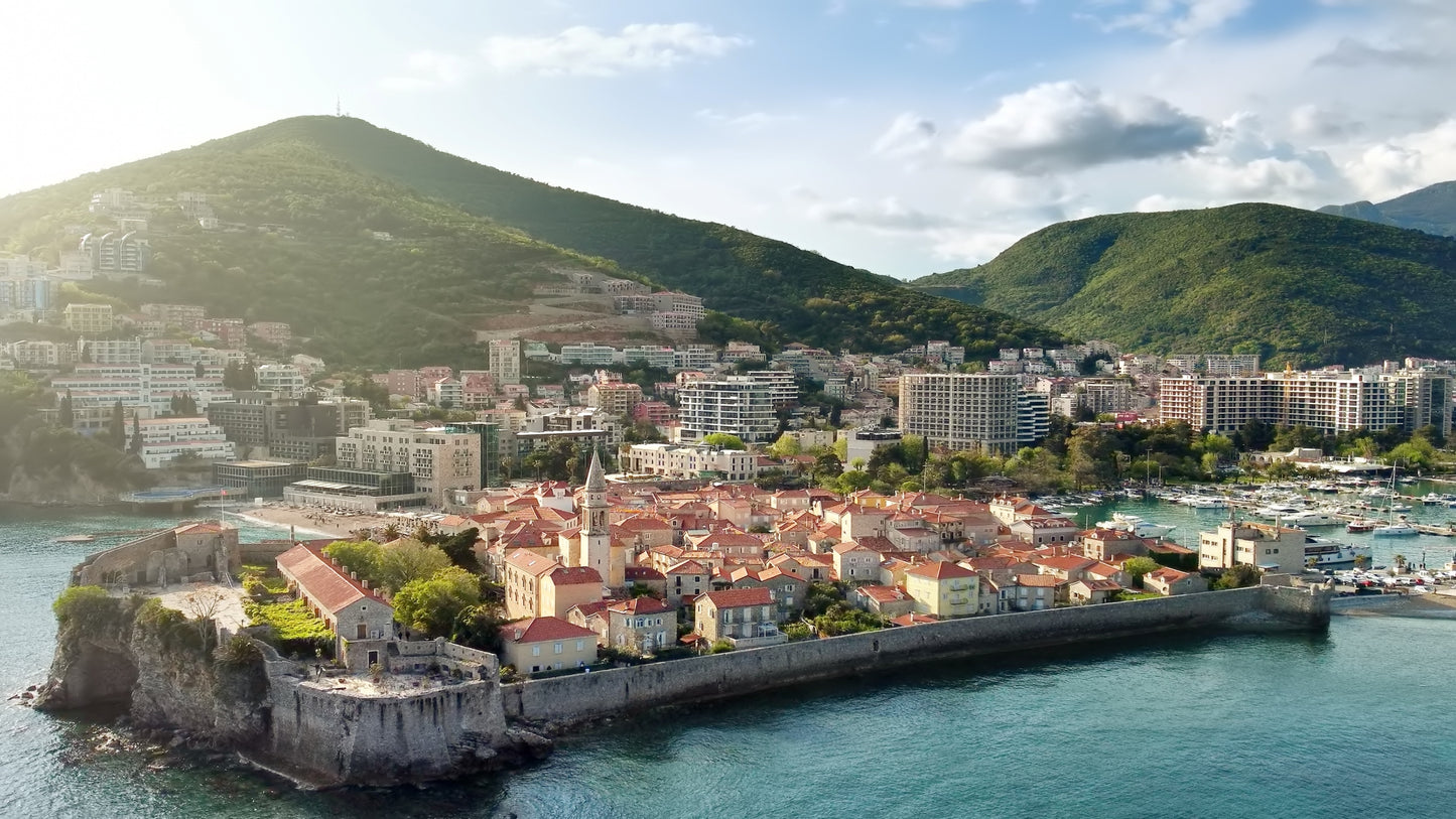 panoramic sunset aerial drone view of the ancient bay of montenegro